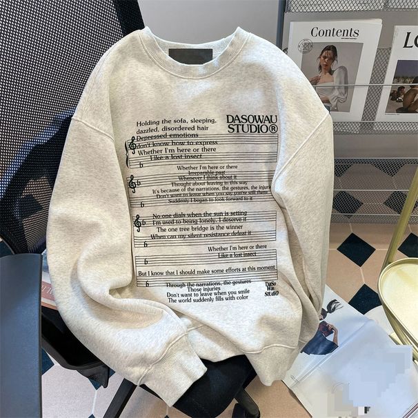 Pure Cotton American Retro Lazy Music Note Letter Sweater 2024 Spring And Autumn Thin Vintage Guochao Crew Neck Top_viptrois.com