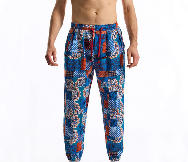 Men's Ethnic Print Loose Fit Casual Pants - Elastic Waistband, Wrinkle-Free Polyester, (Black/Beige/Navy/Red)_viptrois.com