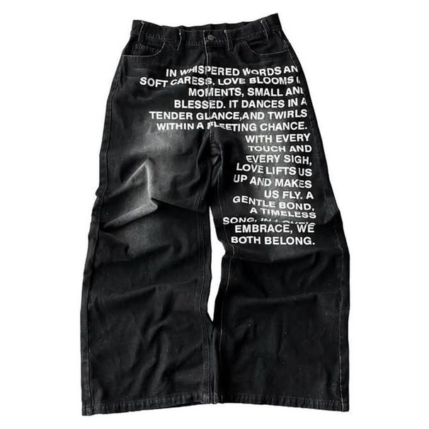 Men Faded Black Baggy Wide Leg Denim Pants, Full Front Text Print Streetwear Loose Casual Jeans_viptrois.com