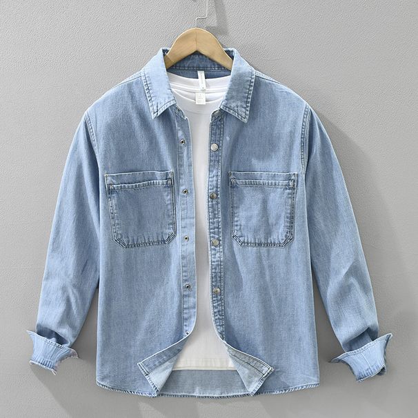 Denim Retro Long Sleeved Shirt For Men, Fashionable And Versatile, Artistic And Casual Loose Top_viptrois.com