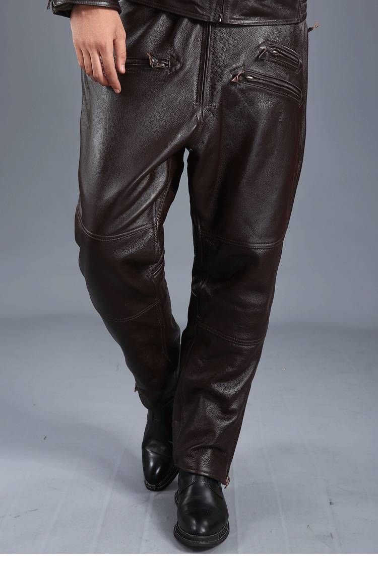 Men's Clothing leather pants cowhide men's middle aged and elderly thick warm loose breeches_viptrois.com