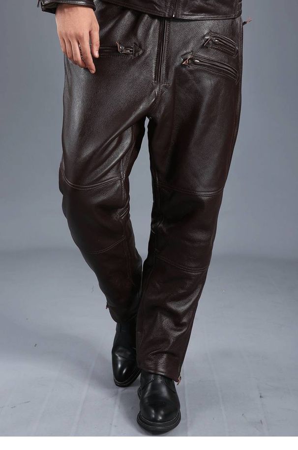 Men's Clothing leather pants cowhide men's middle aged and elderly thick warm loose breeches_viptrois.com