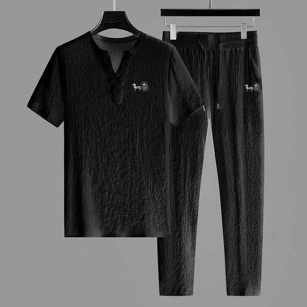 Men's Clothing Summer Trendy Pleated Two-piece Suit For Men Thin Cotton And Linen Short-sleeved T-shirt Chinese Style V-neck White Casual Sports Suit_viptrois.com