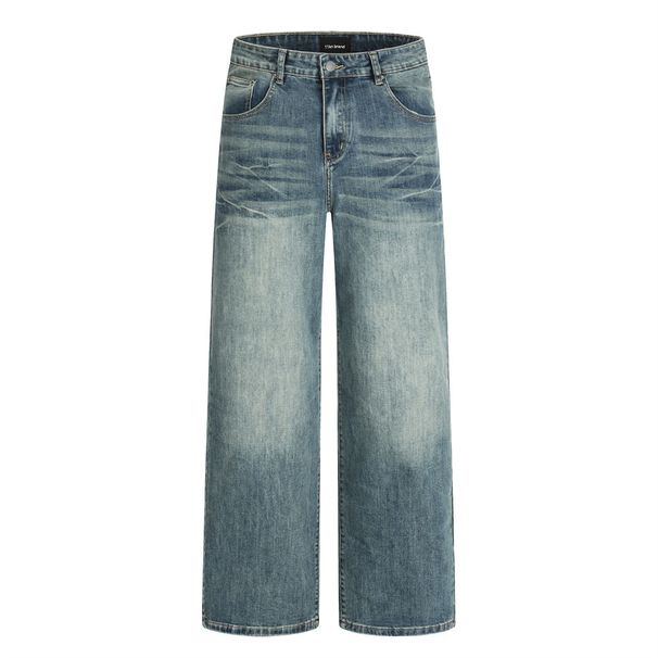 American Style Washed Denim Straight-Leg Casual Loose Men's Vintage Distressed Wide-Leg Versatile Dad Pants_viptrois.com