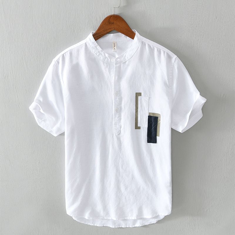 Men's Clothing Stand Collar Cotton And Linen T Shirt Men's Summer Pullover Casual Short Sleeved Tops_viptrois.com