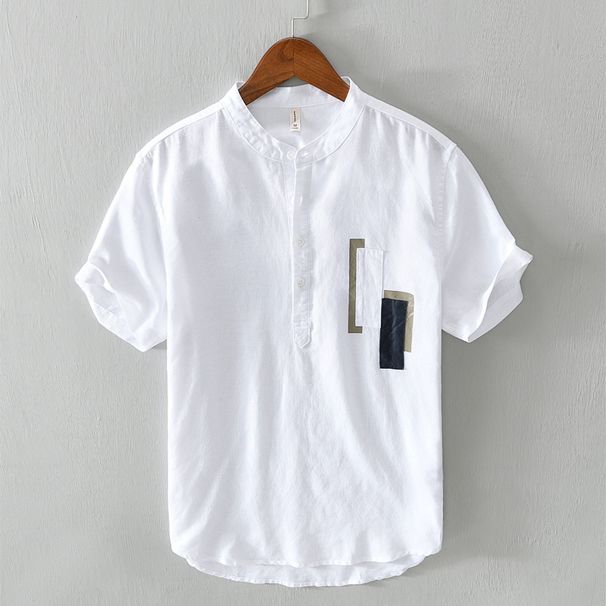 Men's Clothing Stand Collar Cotton And Linen T Shirt Men's Summer Pullover Casual Short Sleeved Tops_viptrois.com