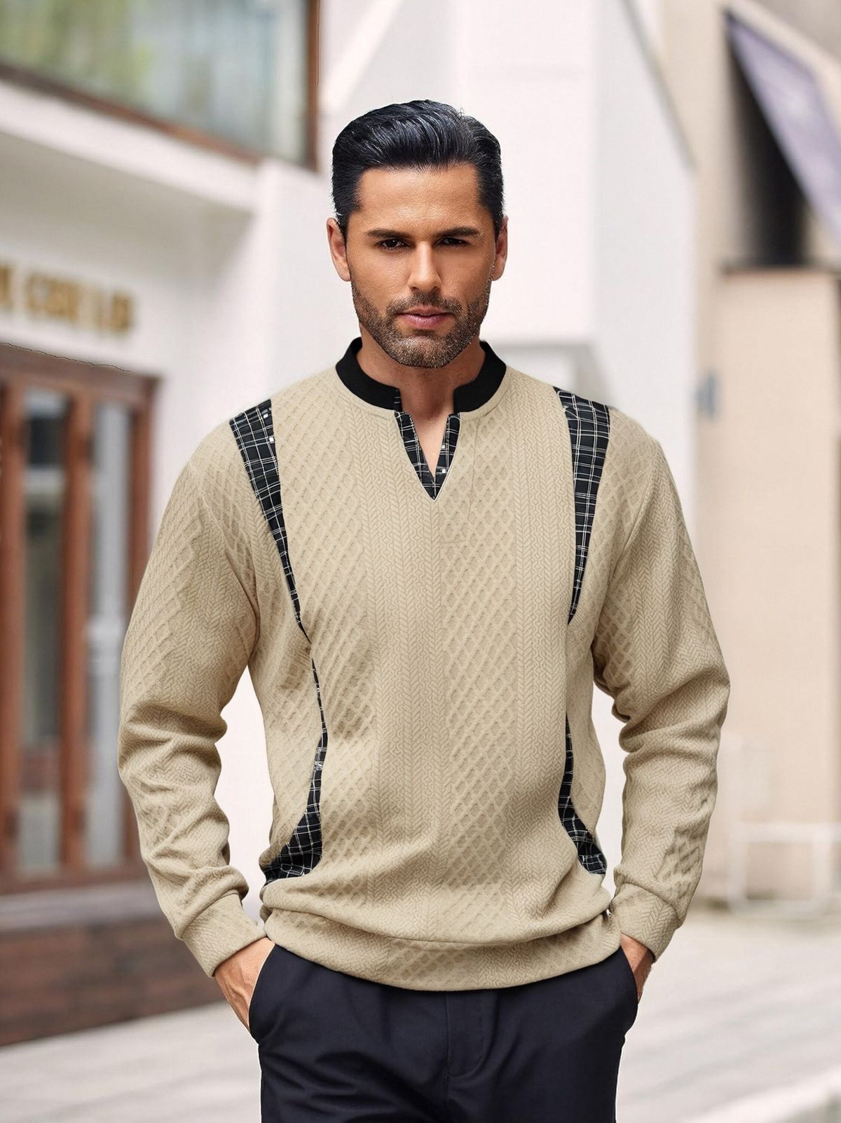 2025 Men's Jacquard V-Neck Pullover Sweatshirt - Oversized Casual Long Sleeve Top For Street Style_viptrois.com