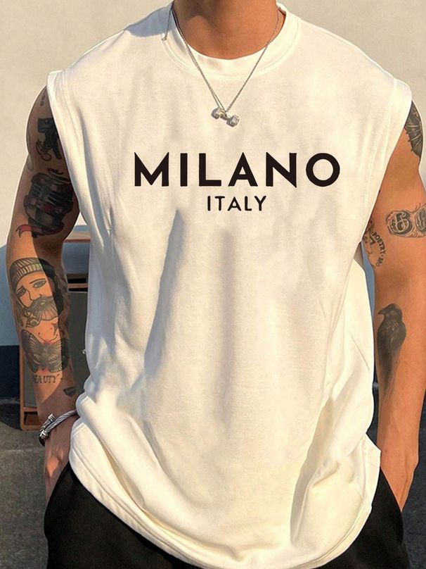 100% Pure Cotton Men's Summer Casual Sports Fitness Loose MILANO ITALIA Pattern Printed Breathable Round Neck Sleeveless Vest_viptrois.com