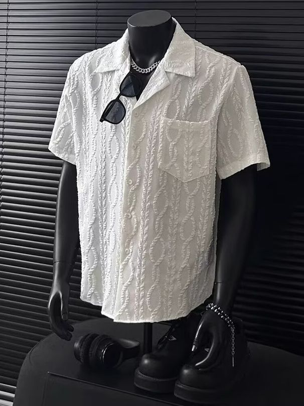 Spring Summer 2027 Fashion Men Polyester Lapel Jacquard Pure Color Pocket Single-Breasted Short Sleeve Casual Loose Shirt_viptrois.com
