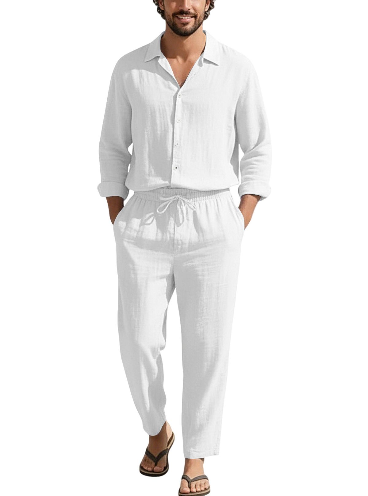 New Four-season Linen Collar Casual Loose Beach Sun Protection Long-sleeved Shirt And Pants Set For Men_viptrois.com
