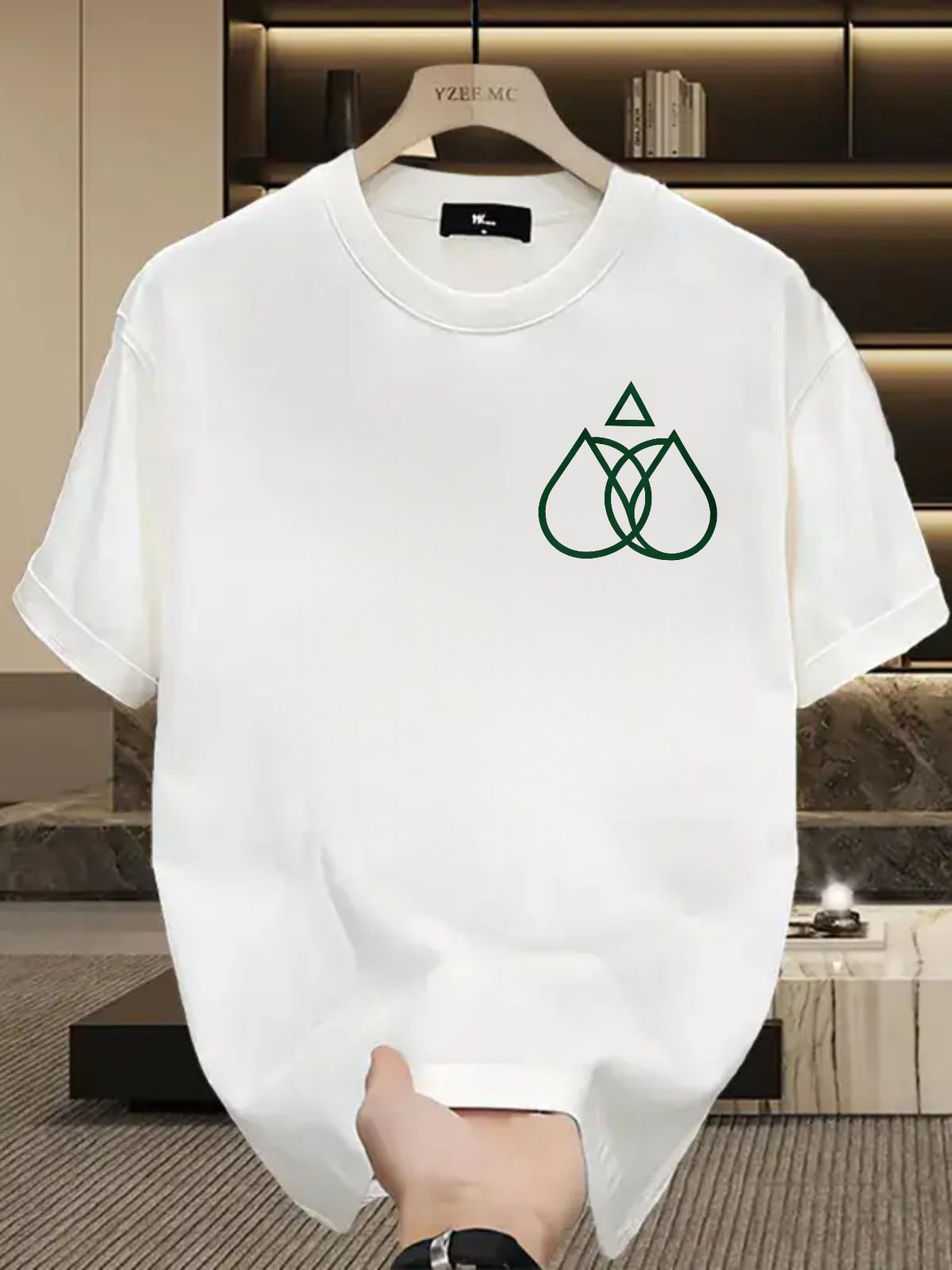 Men's 100% Cotton Short Sleeve T-Shirt With Minimalist Green Geometric Logo, Casual Loose Fit, Streetwear Style_viptrois.com