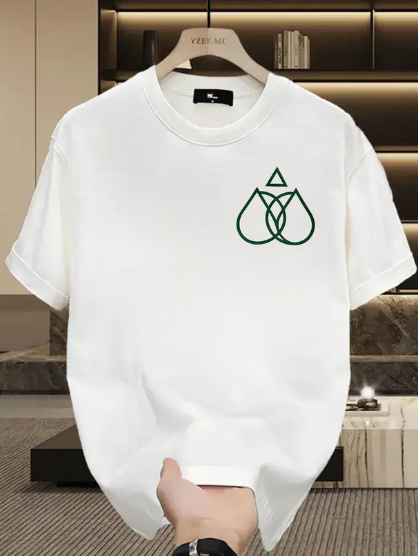 Men's 100% Cotton Short Sleeve T-Shirt With Minimalist Green Geometric Logo, Casual Loose Fit, Streetwear Style_viptrois.com