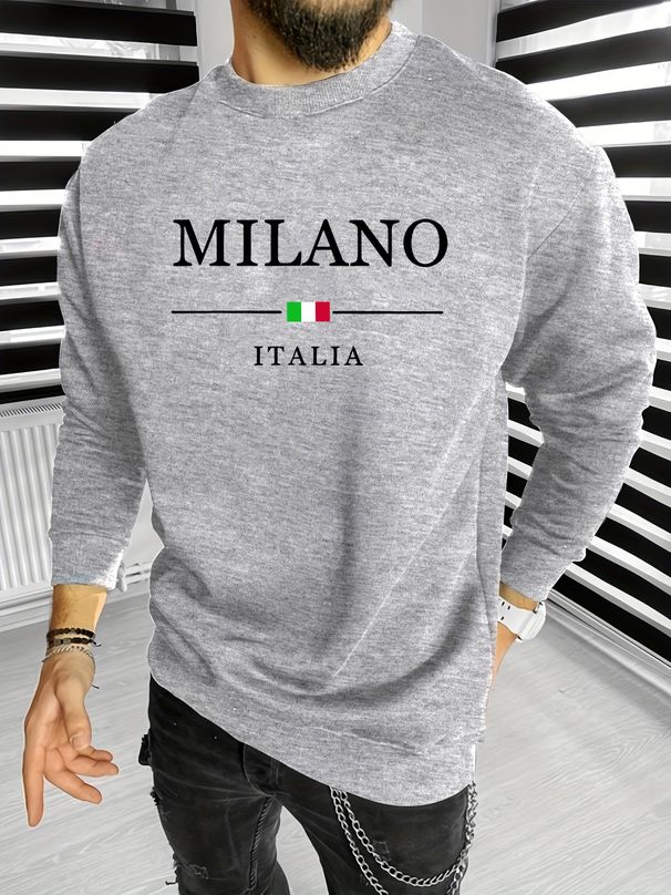 Men's Loose Casual Fashion MILANO ITALIA Pattern Printed Round Neck Long Sleeved Sweatshirt Suitable For Autumn And Winter Wear_viptrois.com
