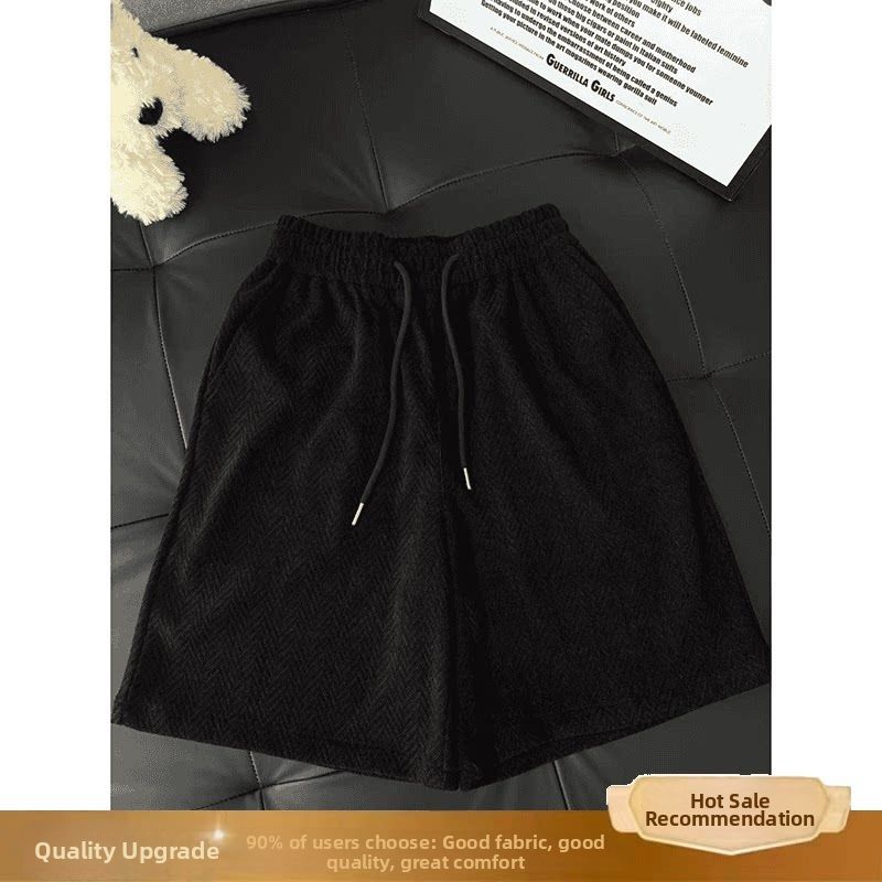 Men's Herringbone Casual Shorts Summer Sports Capri Pants Comfortable Elastic Waist Wide Leg Mid-Length Simple Fashion_viptrois.com