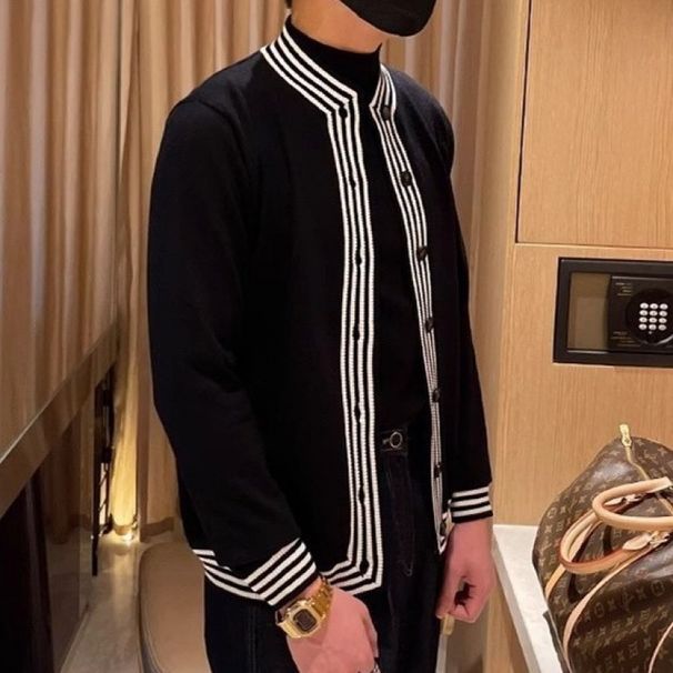Loom Loom European American Style Autumn Top Casual Stand Collar Cardigan Sweater Men's Trendy Color Block Black And White Striped_viptrois.com