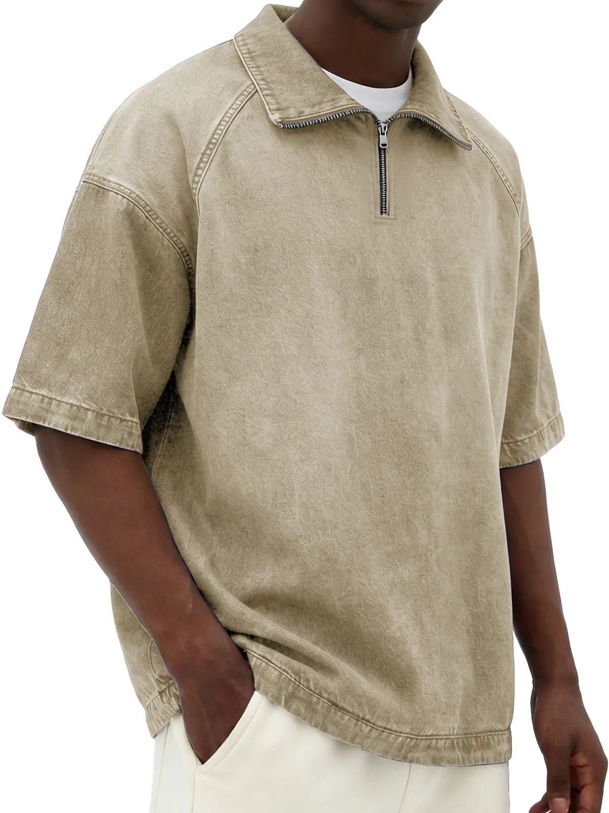 Men's Washed Cotton Long Sleeve Zip-Up Stand Collar T-Shirt – Summer Casual & Stylish Polo Shirt_viptrois.com