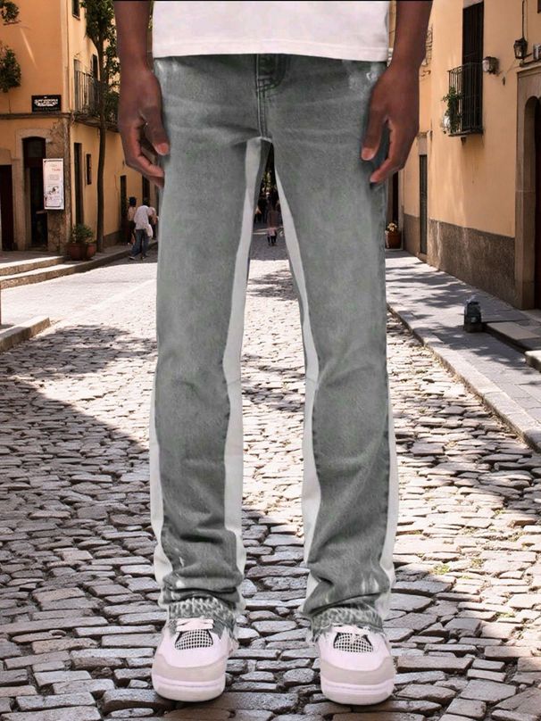 Men's Clothing Foreign Trade Wholesale Hot Selling Ink Splatter Ripped Flared Jeans, High Street Distressed Washed Long Pants, Straight Leg._viptrois.com