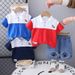 2025 New Summer Children's Men's Color Contrasting Bear Short Sleeve Cartoon Round Neck Top Shorts Two Piece Set_viptrois.com
