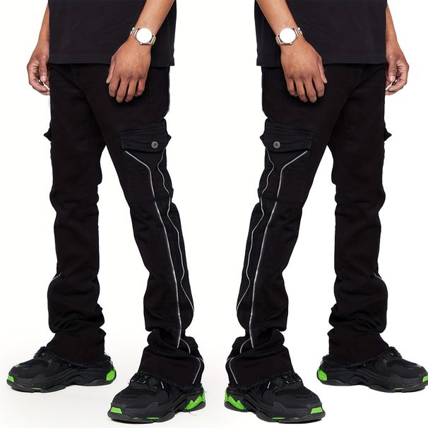 Men's Cargo Straight European And American Fashion Ins Hot Elastic Patch Denim Layered Wide Leg Pants_viptrois.com