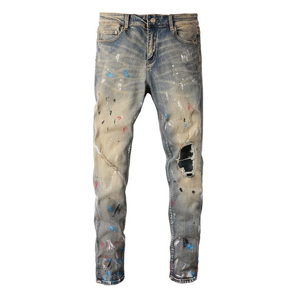 Men's Clothing European And American Street Fashion Graffiti Ripped Jeans Men's Slim Fit Paint Splashed Foot Cross Border Stretch Men's Pants 6556_viptrois.com