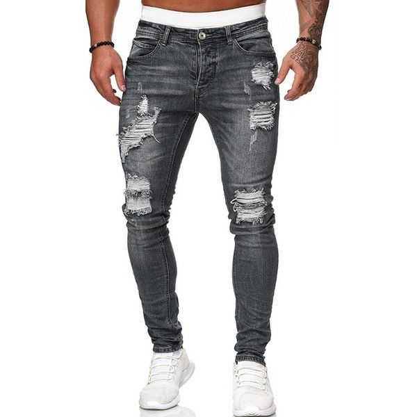 Men's Clothing Trousers Ripped White Slim Denim Trousers Fashion Calf Trousers_viptrois.com