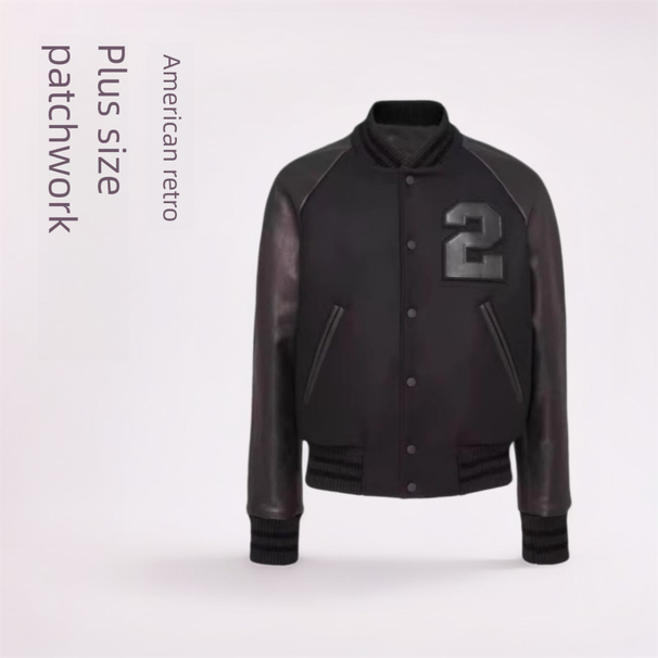 Plus Size American Style Woolen Coat Patchwork Embroidery Flight Jacket Workwear PU Loose Trendy Brand Men's Clothing_viptrois.com