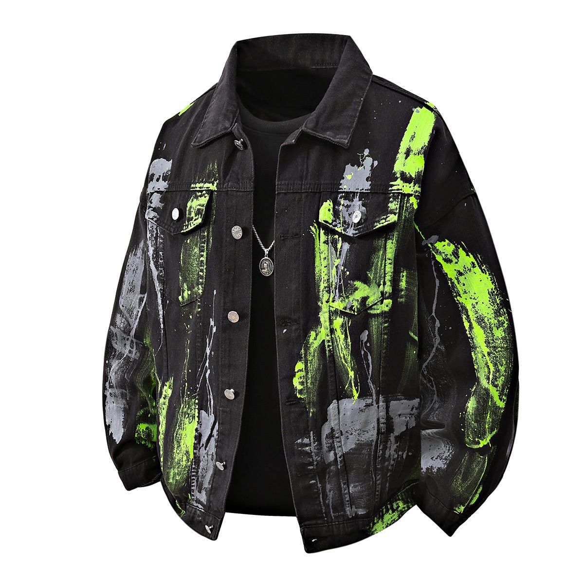 Men’s Tie-Dye Graffiti Denim Jacket – Oversized Streetwear Coat With Distressed Wash & Flap Pockets (95% Cotton, M-3XL, White/Black)_viptrois.com