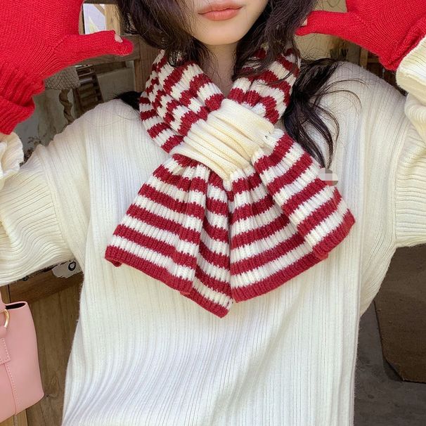 Autumn Winter New Women's Striped Cross Wool Korean Style Versatile Decorative Thickened Knitted Scarf For Women_viptrois.com