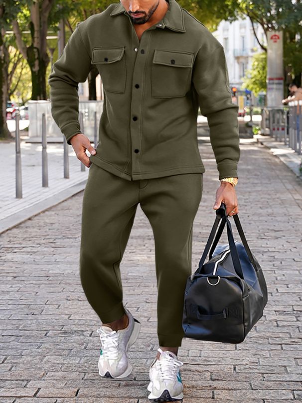 Men's Clothing Men's Fleece Button-Up Jacket & Pants Set - Winter Casual Two-Piece Outfit With Multiple Pockets, Streetwear, Solid Colors_viptrois.com