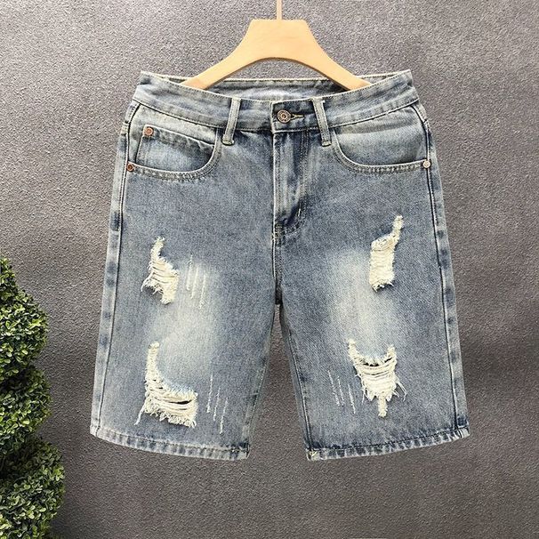 Men's Trendy Distressed Denim Shorts Style Summer Thin Straight Leg Mid Length High Street Versatile Youthful Clothing_viptrois.com