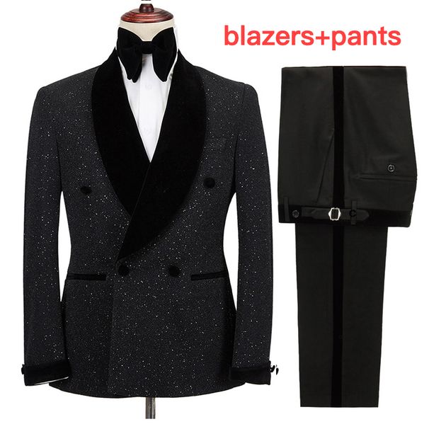 2pcs Men's Wedding Dress Groomsman Clothing Gun Lapel Double-breasted Sequin Suit Banquet Blazers Set_viptrois.com
