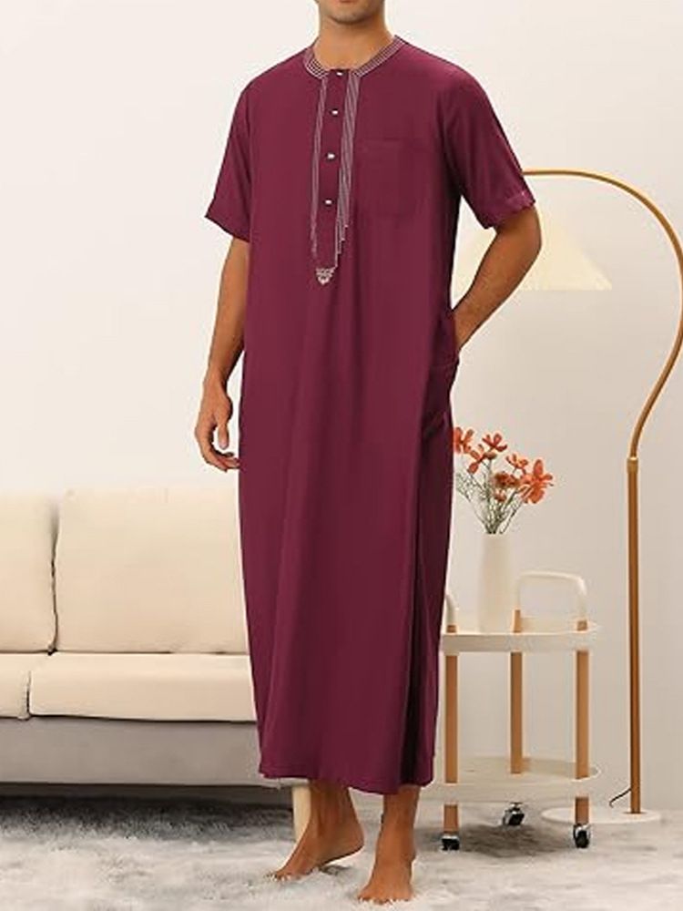 New Muslim Men's Short Sleeve Embroidered Cotton Arabian Robe_viptrois.com