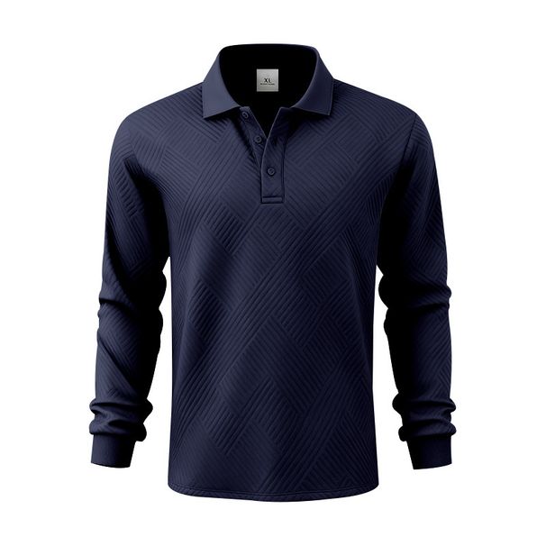 Men's Heavyweight Vintage Polo Shirt Long Sleeve Button-Up Shirt With Jacquard Collar, Breathable & Quick-Dry (Navy, Black, Olive, Khaki, Iron Gray)_viptrois.com