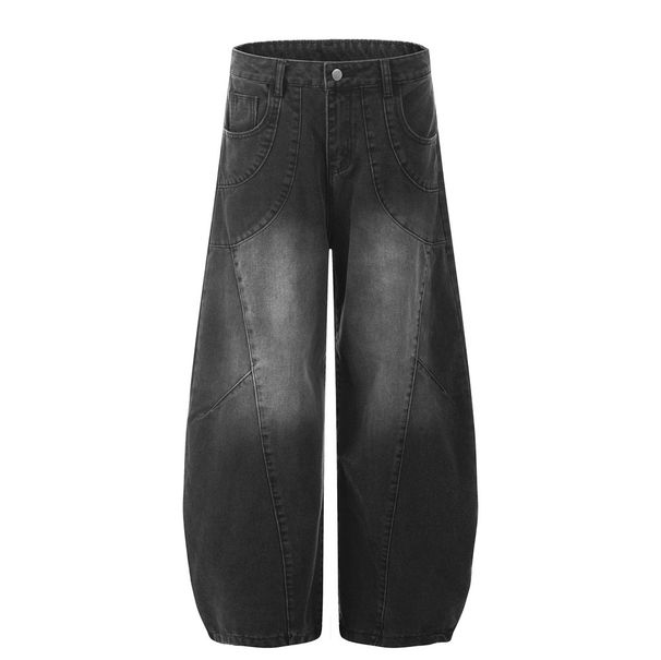 American Stle Vintage Washed Denim Scimitar Pants Men Heav Stitching Split Deconstructed Loose Wide Leg Trousers_viptrois.com