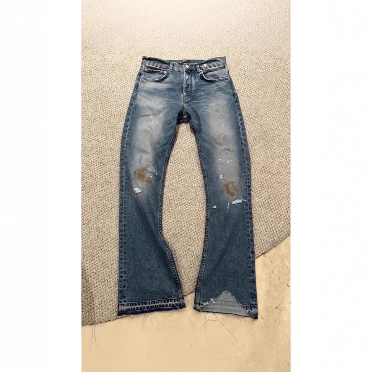 Velvet Patchwork Burnout Flared Jeans Distressed Bleached Denim Pants Metal Accents Unisex Vintage Wash Zip Fly 68% Cotton No Stretch_viptrois.com