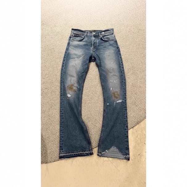 Velvet Patchwork Burnout Flared Jeans Distressed Bleached Denim Pants Metal Accents Unisex Vintage Wash Zip Fly 68% Cotton No Stretch_viptrois.com
