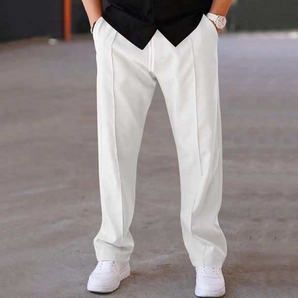 Fashion Solid Color Wide Leg Pants For Men, Soft Lightweight Loose Fit Dress Casual Pants With Drawstring Waist_viptrois.com