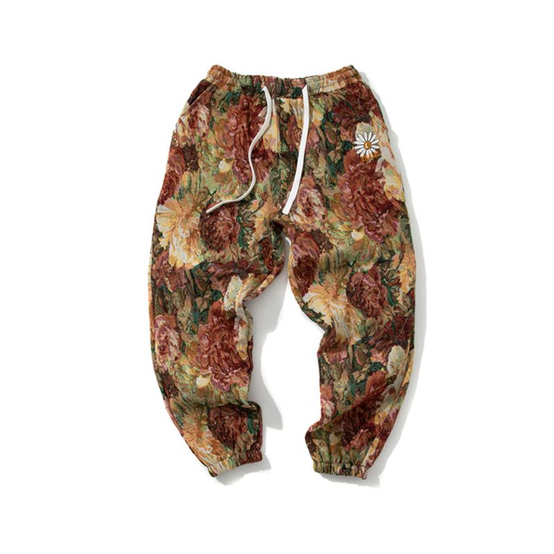Men's Clothing Retro Oil Painting Floral Jacquard Casual Pants Large Size Non Elastic Loose Harem Pants_viptrois.com
