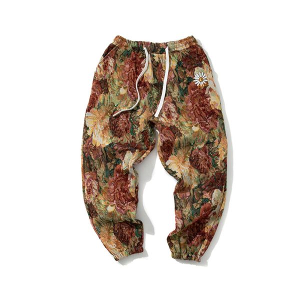Men's Clothing Retro Oil Painting Floral Jacquard Casual Pants Large Size Non Elastic Loose Harem Pants_viptrois.com
