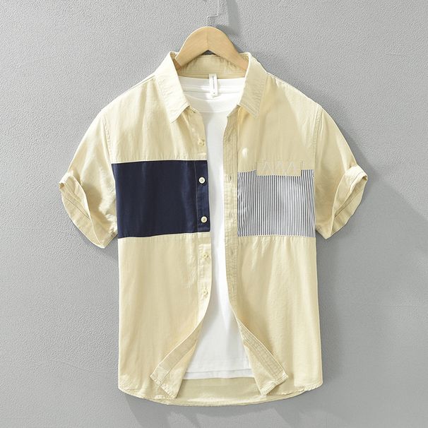 Fresh Color Blocked Short Sleeved Shirt For Men, Fashionable And Versatile, Casual And Artistic Loose Top_viptrois.com