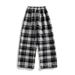 Korean Style Checkered Pants For Teens – Loose Straight-Leg Trousers With Fleece Lining (Blue/Gray) – Winter Casual & Streetwear Essential_viptrois.com
