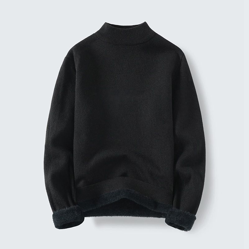 Men's Winter Thermal Fleece Knit Sweater - Semi-Turtle Neck Warm Base Layer, Solid Color Casual Pullover For Cold Weather_viptrois.com