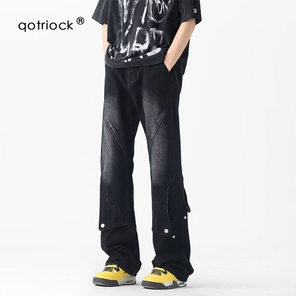Men's Black Flared Cargo Jeans, Straight Leg, Loose Fit, American High Street Style, Vibe Brand, Trendy And Cool Patchwork Design._viptrois.com