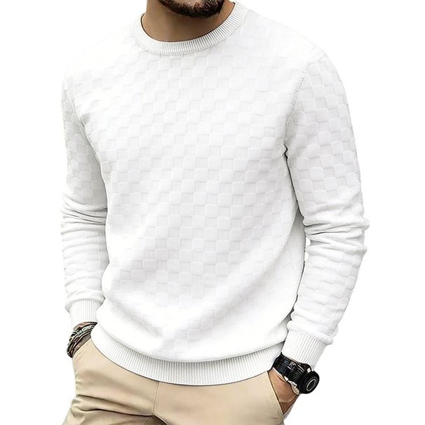 Men's Clothing Knitted Jacquard Heavyweight Jacquard Checkerboard T-Shirt - Long Sleeve Crewneck, Breathable Polyester, Relaxed Fit (S-XXXL)_viptrois.com