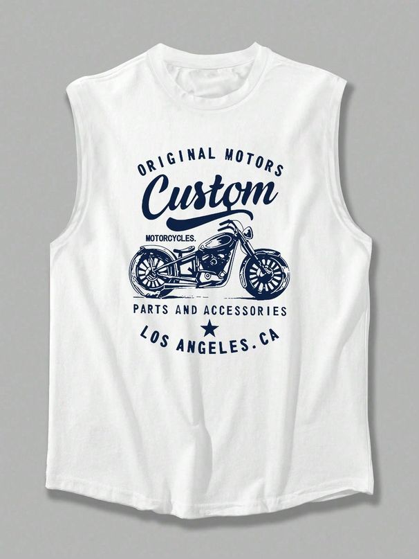 100% Pure Cotton Men's Summer Leisure Sports Fitness Loose Retro Motorcycle Print Breathable Round Neck Sleeveless Vest_viptrois.com
