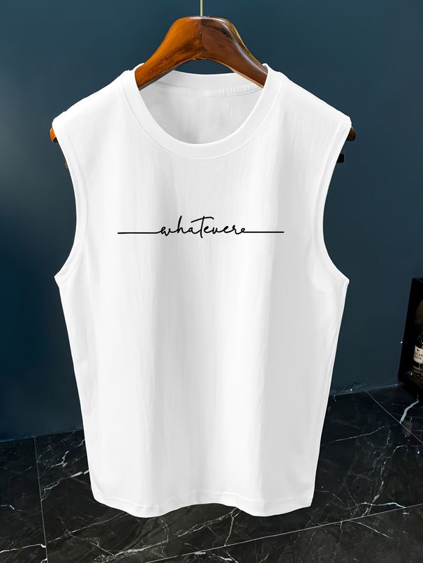100% Pure Cotton Men's Summer Leisure Sports Fitness Loose Whatever Letter Pattern Printed Breathable Round Neck Sleeveless Vest_viptrois.com