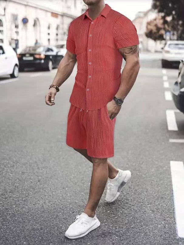 Men's Clothing Casual Suits Street Jacquard Irregular Texture Short Sleeved Trousers Two Piece Suits Casual_viptrois.com