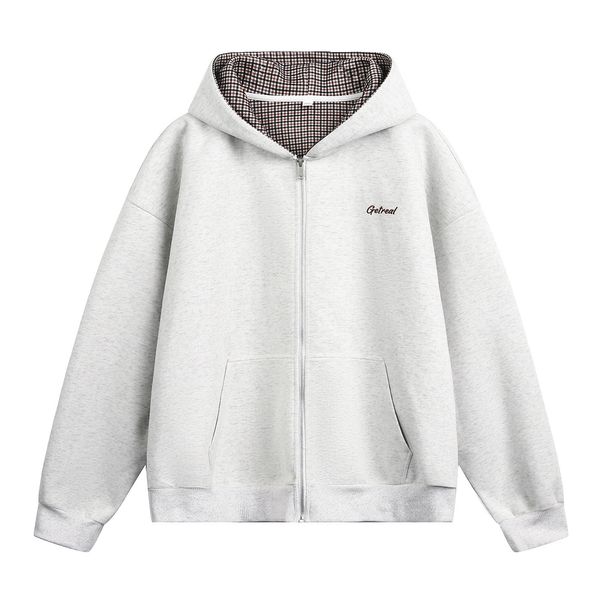 Men's Clothing Houndstooth Contrast Lining Hooded Sweatshirt Men's Autumn Heavy Retro Short Wide Trendy Brand Zipper Cardigan Jacket Coat_viptrois.com
