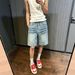 American Style Ripped Denim Shorts Midweight Washed Wide Leg Five Point Pants with Lightning Bolt Pattern Unique Trendy Design_viptrois.com