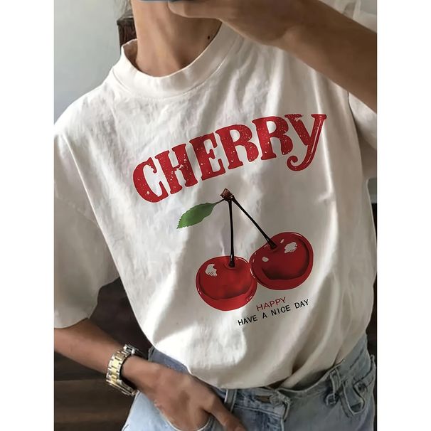 Camiseta Gráfica Frutas Cerezas, Manga Corta Cuello Redondo Casual Para Verano Y Primavera, Ropa De Mujer_viptrois.com